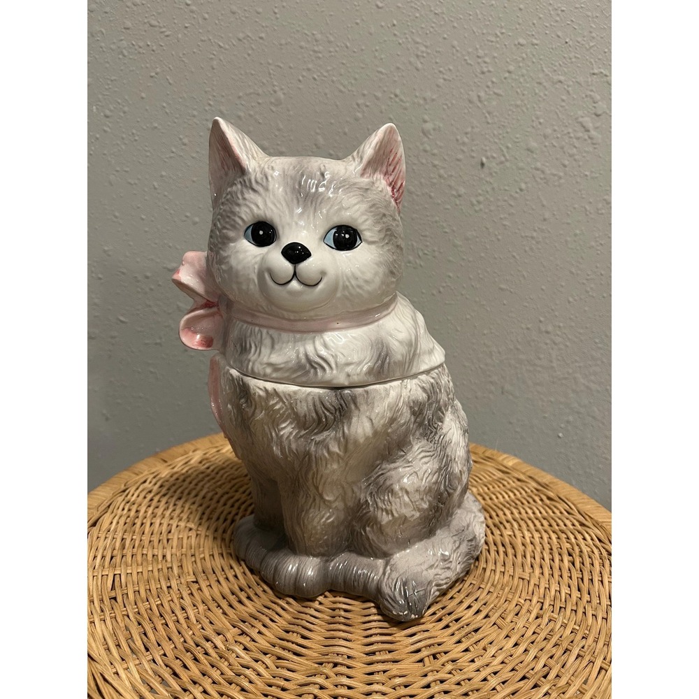 Vintage Grey Cat With Pink Bow Ceramic Cookie Jar